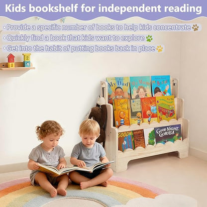 Kids Bookshelf Wooden 3-Tier, Scalloped Book Shelf for Kids Rooms, Front Facing Toddler Montessori Bookshelf, Baby Nursery Book Shelves Kid Classroom Book Shelf Bookcase