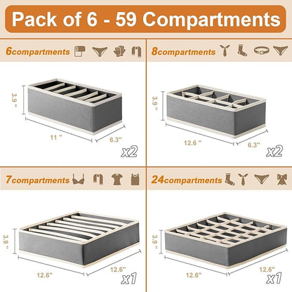 6 Pack Drawer Underwear Organizer, 59-Compartment Foldable Sock Bra Drawer Organizer Divider Fabric Dresser Closet Organizers and Storage Box for Storing Bra, Socks, Baby Clothes, Panty, Scarf, Ties