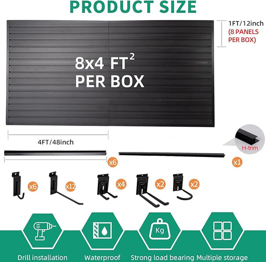 Slatwall Panel Garage Slat Wall Storage Systems with 26 Slatwall Accessories, 4'x8' PVC Black Slat Wall Paneling for Retail Display, Garage Storage, Guitar Shop, Home Storage
