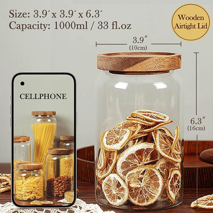 Labina Glass Storage Container Airtight Food Jars Kitchen Canister with Wood Lids, 33 Oz Wide Mouth Pantry Organization Glass Jar for Flour, Sugar, Cookie, Spagetti, Nuts and Candy