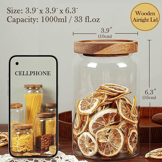 Labina Glass Storage Container Airtight Food Jars Kitchen Canister with Wood Lids, 33 Oz Wide Mouth Pantry Organization Glass Jar for Flour, Sugar, Cookie, Spagetti, Nuts and Candy (2 Pack)