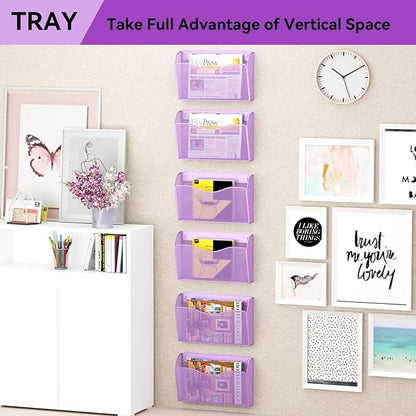 3 Single Pocket Wall File Holder, Mesh Hanging File Folder Paper Organizer, Vertical Wall Mounted Mail Basket, Storage Organization Magazine Rack for Office, Home and School, Light Purple