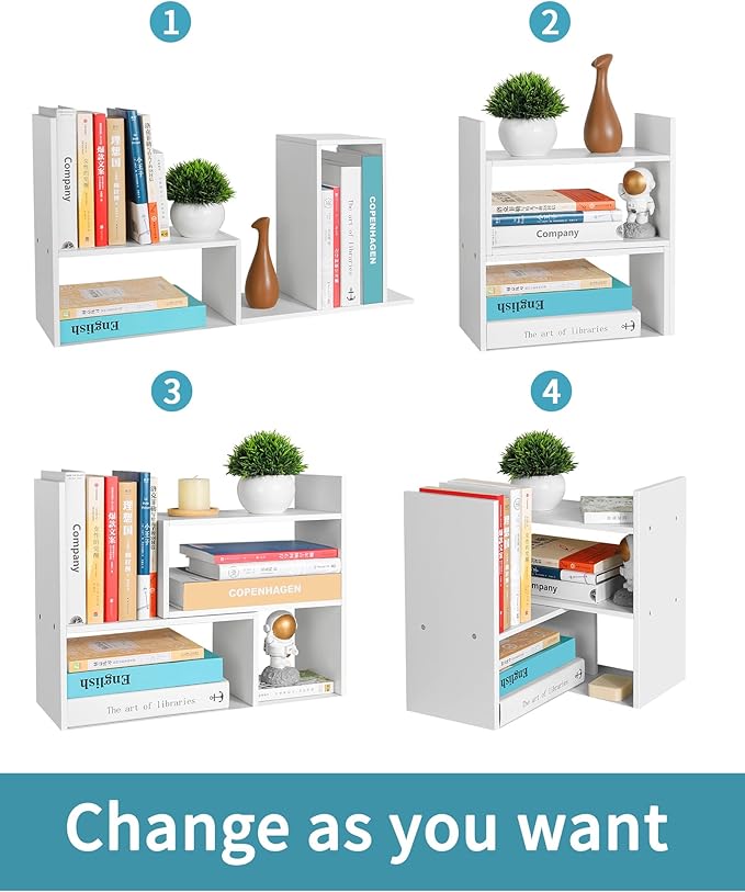 Desktop Shelf Organizer,Adjustable Stackable Office Storage Rack,Wood Display Shelf,White Small Bookshelf for Desktop,Tabletop Desk Shelf,Multipurpose Shelves for Office, Dormitory,Home Decor.