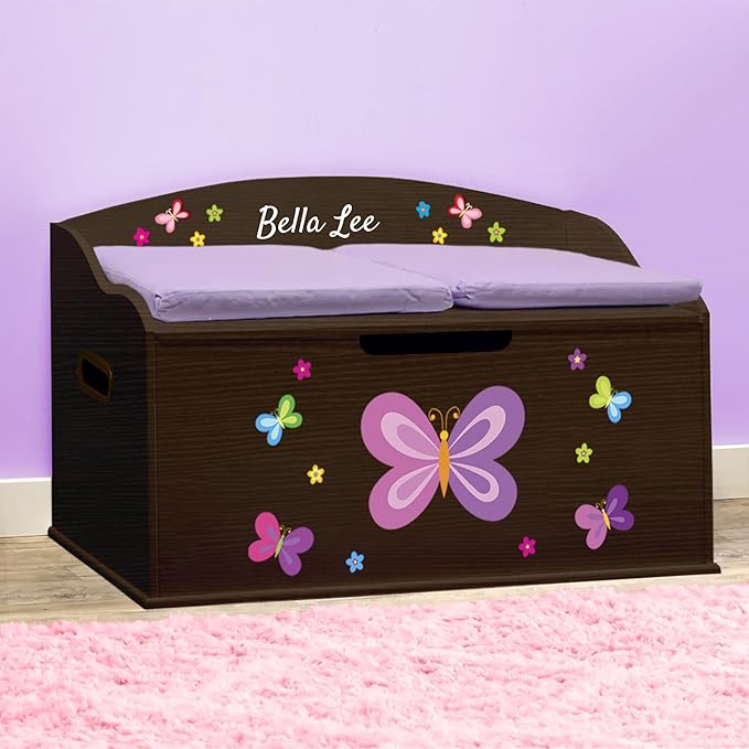 DIBSIES Personalized Creative Wonders Toy Box, Butterflies & Flowers, 30 x 19.25 x 18 inches, Soft-Close Lid (Espresso)