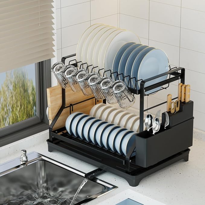 2-Tier Kitchen Dish Rack with Drainboard, Black, Large Capacity Dish Drying Rack with Cup Holder, Knife Block, Cutting Board Rack, 42x32.5x34cm