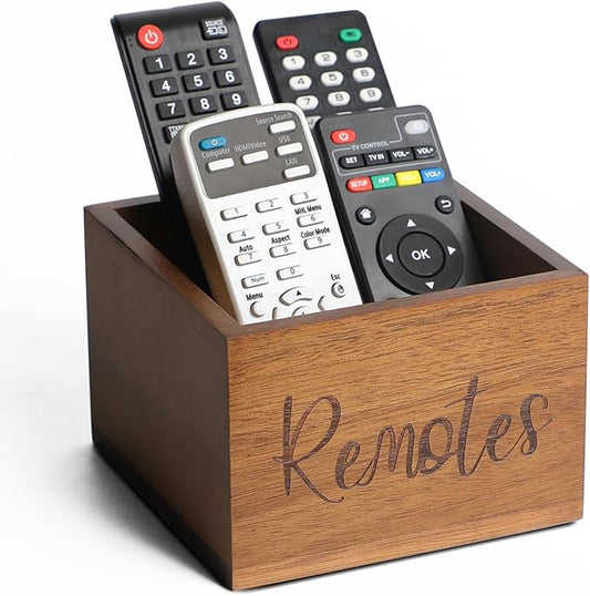 Acacia Wood Remote Control Holder Caddy, TV Organizer for Table, Vintage Farmhouse Desk Caddy (Brown for 3+ Controls)