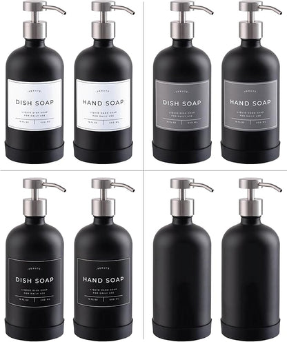 Hand and Dish Soap Dispenser for Kitchen and Bathroom, Set of 2 16 Oz Glass Bottles, Stainless Steel Pumps, Non-Slip Silicone Base, 27 Waterproof Labels (Matte Black Bottle/Brushed Silver Pump)