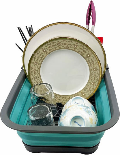 SAMMART 7.3L (1.9 Gallon) Collapsible Plastic Dish Drainer with Drainer Board - Foldable Drying Rack Set - Portable Dinnerware Organizer - Space Saving (Grey/Crystal Blue)