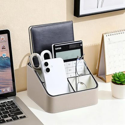 MEIBOOCH Remote Control Holder, PU Leather Small Desk Organizer with 4 Compartments, Nightstand Organizer Desk Caddy for Remote, Notepad, Phone, Glasses, and Accessories (Beige)