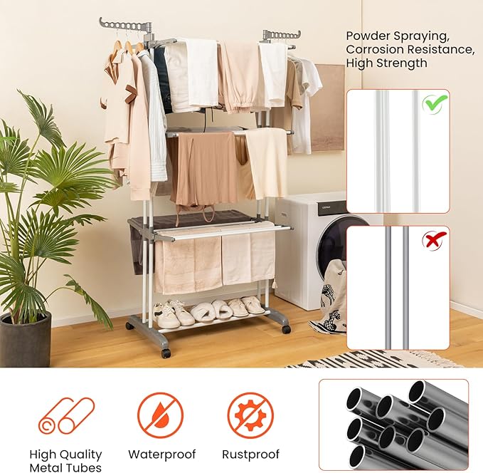 Tangkula 4-Tier Foldable Clothes Drying Rack, Oversized Drying Rack w/Lockable Wheels & Rust-Proof Metal Frame, Indoor Outdoor Large Drying Hanger w/Adjustable Gullwings, Movable Laundry Hanger