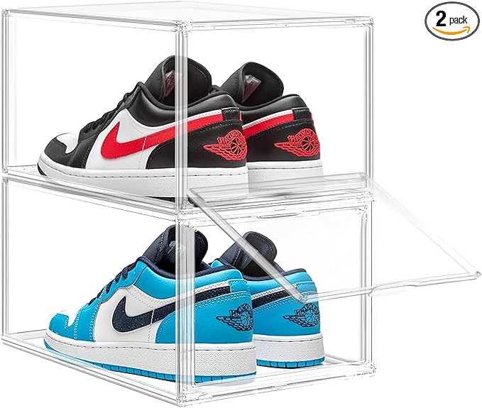 EZJOB 2 Pack Drop Front Shoe Boxes Acrylic Box Sneaker Case Size 12, Transparent Display Cases for Sneaker Collections, Baseball Caps, Hat Organizer Dust-free Shoe Cubbies Stackable Sneaker Boxes