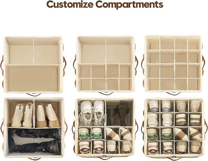 Varhomax Shoe Organizer Box for Closet, Fabric Shoe Storage Bin with Adjustable Dividers & Clear Cover, Holds up 16-32 Pairs of Sneakers & Sandals for Entryway, Cubby
