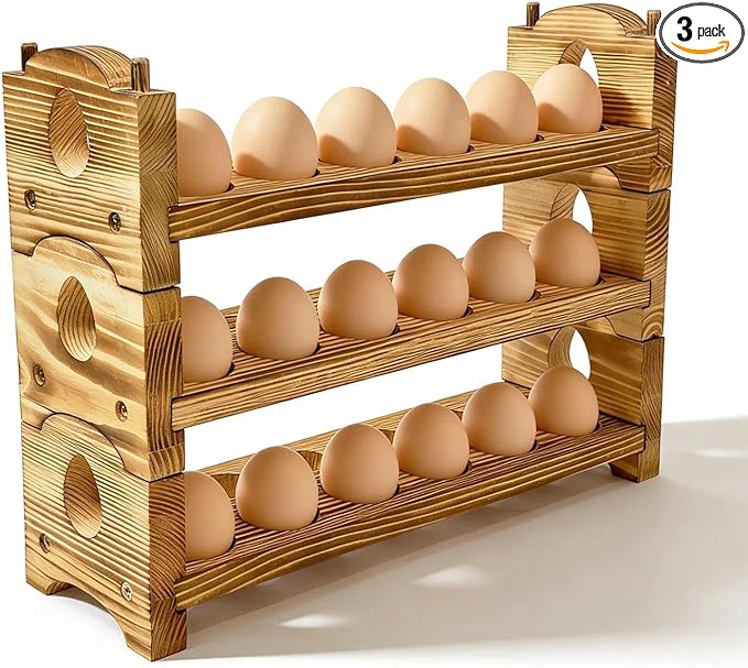Egg Holder Countertop Farmhouse Decor - Wooden Fresh Eggs Storage for Counter - Pine Wood Egg Organizer Tray Racks