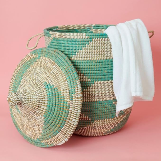 Storage and Organizing - Baskets, Hampers, Wicker, Woven, Round, Lid, Handles, Turquoise White, Medium