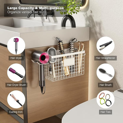 Voldra 2 Pack Hair Dryer Holder Cabinet Door, Adhesive Hair Tool Organizer Wall Mount Adjustable Height Blow Dryer Holder Under Sink for Flat Curling Iron, Hair Brush and Straightener(White)