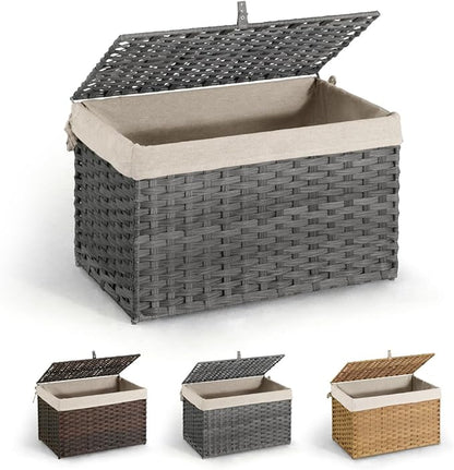 CAPHAUS Handwoven Storage Basket w/Lid and Handles, 2 Removable Liner Bags, Foldable Clothes Basket for Laundry, Large Synthetic Rattan Laundry Basket w/Lid, Laundry Basket w/Lid, 105L, Grey