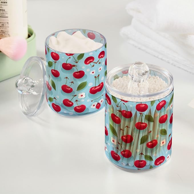 MNSRUU 2 Pack Qtip Holder Organizer Dispenser Cherries and Flowers Pink Bathroom Storage Canister Cotton Ball Holder Bathroom Containers for Cotton Swabs/Pads/Floss