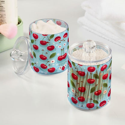 MNSRUU 2 Pack Qtip Holder Organizer Dispenser Cherries and Flowers Pink Bathroom Storage Canister Cotton Ball Holder Bathroom Containers for Cotton Swabs/Pads/Floss