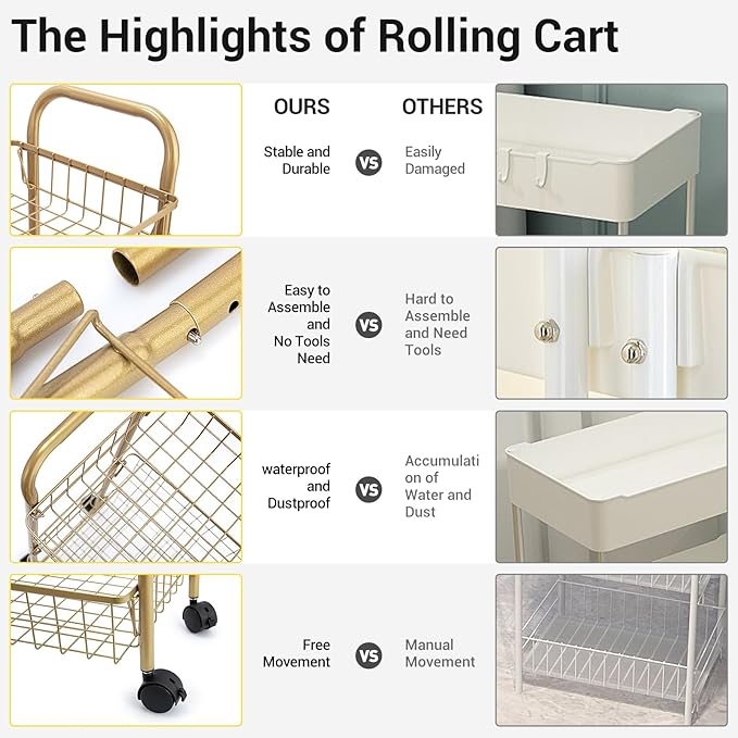 3 Tier Rolling Utility Cart, Storage Trolley Service Cart with Wheels Easy Assembly for Kitchen, Living Room, Office, Salon, Gold