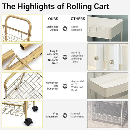 3 Tier Rolling Utility Cart, Storage Trolley Service Cart with Wheels Easy Assembly for Kitchen, Living Room, Office, Salon, Gold