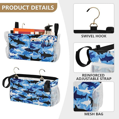 CuwrYet Bedside Caddy Hanging Bunk Bed Caddy Bed Organizer Hanging Pocket with 2 Hooks Bedside Storage Organizer Pocket Bag Holder Marine Bright Sky Blue Shark