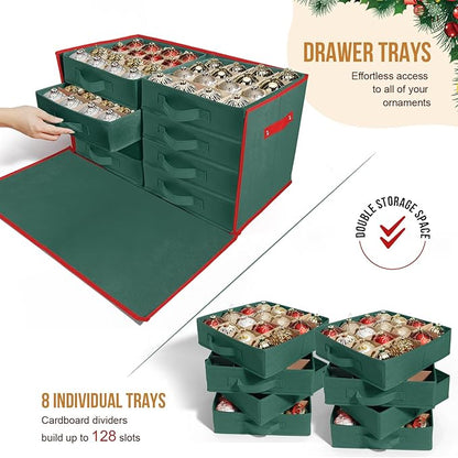 WDZREE Premium Large Christmas Ornament Storage,Box with Side Open, Drawer Style Trays -3" Compartment, 8 Trays, Keeps 128 Holiday Ornaments -Made of Durable 600D Oxford Fabric Tear-Proof Material