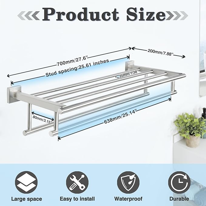 Alise Towel Rack,Towel Holder Towel Shelf with Double Towel Bars for Bathroom Lavatory,SUS 304 Stainless Steel Wall Mount Towel Hanger Storage,28 Inch Brushed Nickel,GZ8070-LS