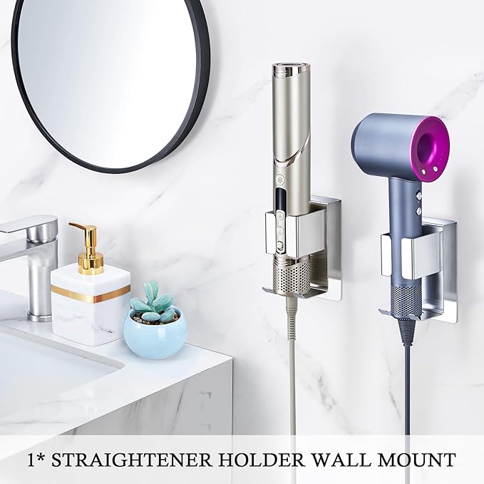 LOXSUN Hair Straightener Holder Wall Mount Curling Iron Holder, Blow Dryer Holder Wall Mounted, Adhesive Hair Dryer Holder, Hair Tools Organizer Storage for Bathroom Vanity (1, Silver)