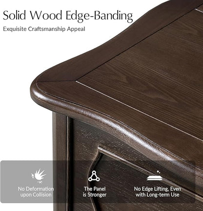 HULALA HOME Nightstand with 2 Drawers of Sculpted Drawer Front, French End Table with Curved Tabletop, Vintage Night Stand with Charging Station, Solid Wood Legs(Walnut)