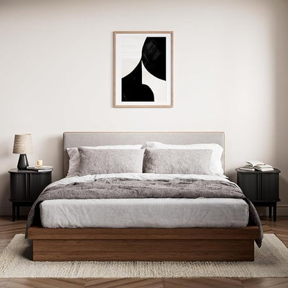 Fluted Nightstand with Sliding Doors, Modern Bedside Table with Solid Wood Legs, Wood Night Stand for Bedroom, Black