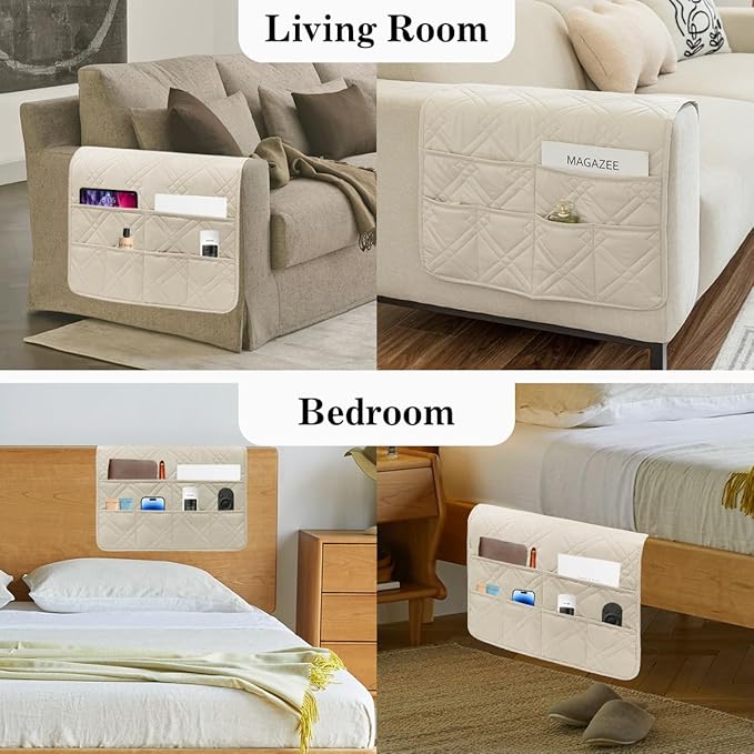 HADEEONG Couch Armrest Organizer Remote Control Holder Bedside Caddy with 6 Pockets, Non-Slip Armchair Caddy Sofa Armrest Organizer for Tv Remote Control, Magazine, Cell Phone, Beige