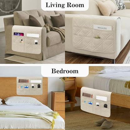 HADEEONG Couch Armrest Organizer Remote Control Holder Bedside Caddy with 6 Pockets, Non-Slip Armchair Caddy Sofa Armrest Organizer for Tv Remote Control, Magazine, Cell Phone, Beige