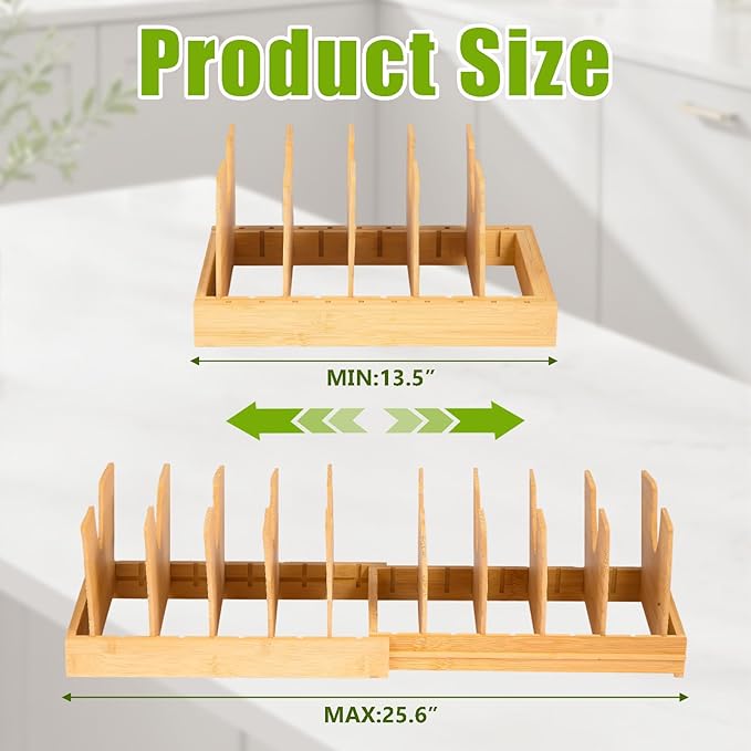VKDDM Pots and Pans Organizer for under Cabinet - Expandable Bamboo Pot Lid Organizer, Bakeware and Cutting Board Organizers, Drawer Pot Lid Holder Rack for Kitchen Organizers and Storage