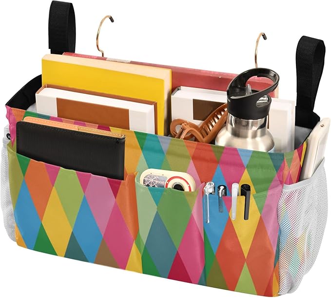 CuwrYet Bedside Caddy Hanging Bunk Bed Caddy Bed Organizer Hanging Pocket with 2 Hooks Bedside Storage Organizer Pocket Bag Holder Pink Green Argyle