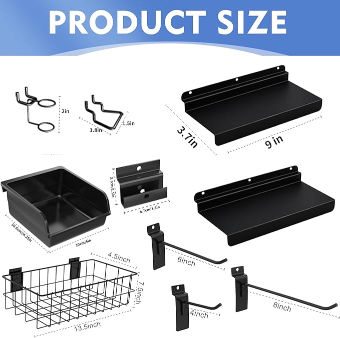 40 Pcs Slatwall Accessories Set - Includes Metal Wire Baskets, Storage Bins, Hooks, Screwdriver Holders and Shelves for Garage and Room Storage