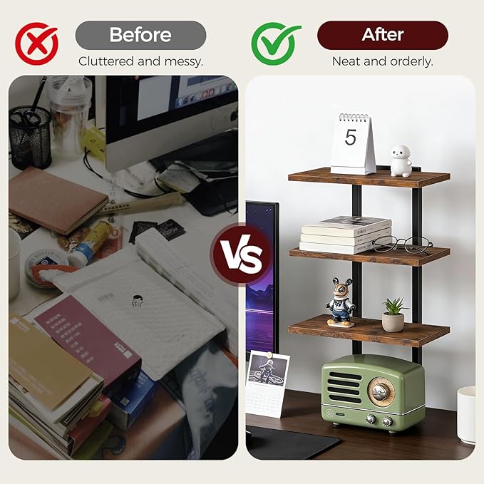 Clamp On Desk Organizer, 3-Tier Desktop Bookshelf, Adjustable Desk Storage Shelf, Metal Frame, for Office, Study and Game Room, Rustic Brown DSHR3601