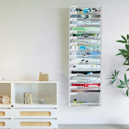 Hanging Wall File Organizer,16-Tier Desk File Mail Holder, Paper Bill Organization For Office Home School, White