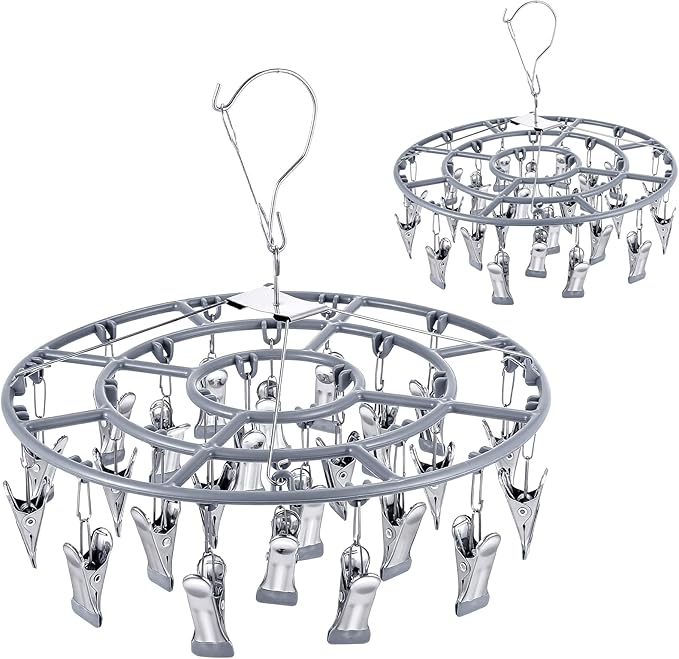 2 Pack Clothes Drying Rack with 24 Clips, Stainless Steel Clothes Drying Hanger, Swivel Windproof Round Dry Rack, Heavy Duty Underwear Hanger for Indoor Outdoor Wet and Dry (Grey)