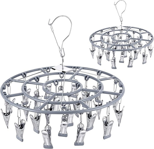 2 Pack Clothes Drying Rack with 24 Clips, Stainless Steel Clothes Drying Hanger, Swivel Windproof Round Dry Rack, Heavy Duty Underwear Hanger for Indoor Outdoor Wet and Dry (Grey)