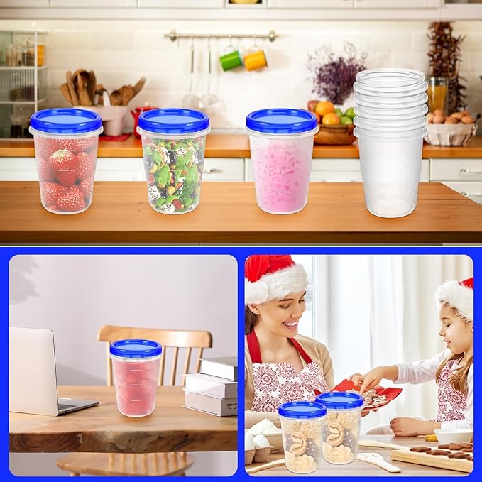 ISUSSER 12 Pack Freezer Containers with Screw On Lids, 32 Oz Stackable Reusable Plastic Storage Container, Airtight Plastic Food Storage Containers with Twist Top Lids for Food Soup Jello Sauce