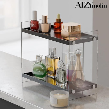 ATZYmolin Acrylic Bathroom Countertop Organizer Skincare Corner Shelf for Lotion Cosmetic Makeup, Counter Vanity Storage Perfume Tray Kitchen Spice Rack 2 Tier