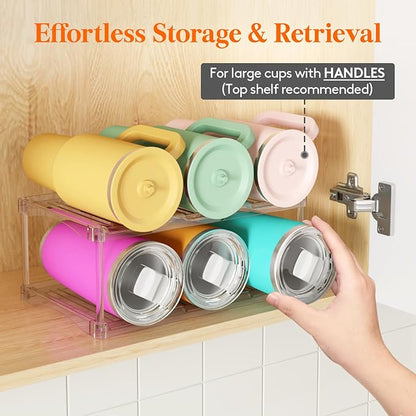 Lifewit Stackable Bottle Storage Organizer, Clear Freestanding Wine Holder for Cabinet, Large Slot Water Bottle Tumbler Cup Organizer for Pantry, Plastic Wine Rack for Fridge Cellar, 2Tier Hold 6