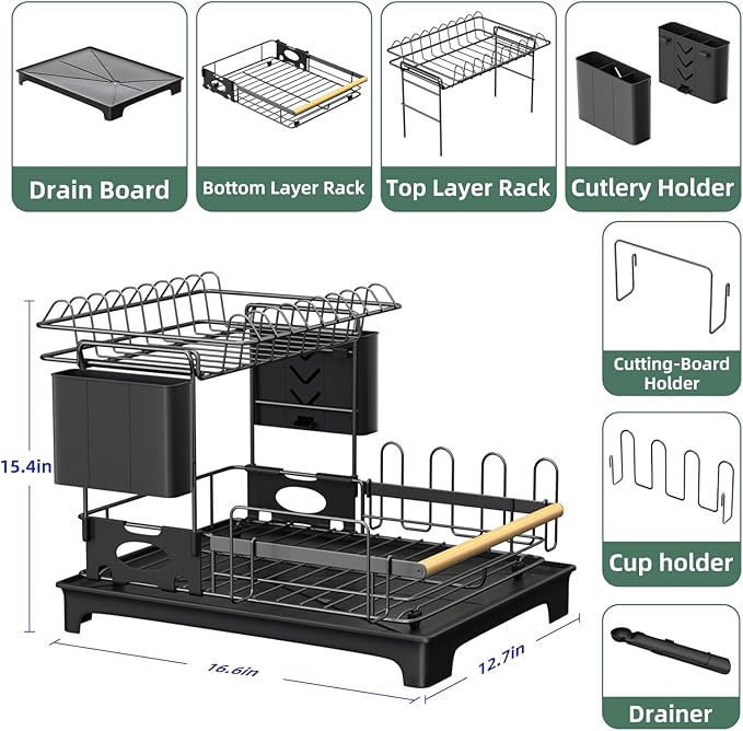 Vathingood 2 Tier Dish Drying Rack, Drying Rack with Automatic Drainboard, Dish Racks for Kitchen Counter, Rustproof Dish Drainer with Removable Utensil Holder, Cups Holder, Black