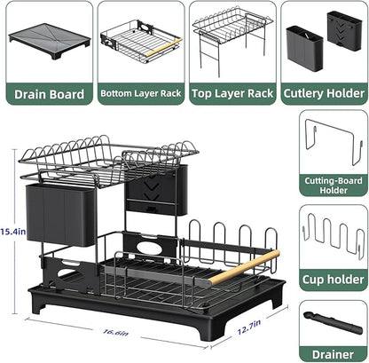 Vathingood 2 Tier Dish Drying Rack, Drying Rack with Automatic Drainboard, Dish Racks for Kitchen Counter, Rustproof Dish Drainer with Removable Utensil Holder, Cups Holder, Black