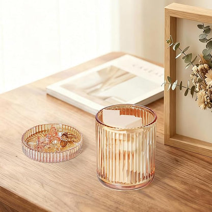 SheeChung Amber Glass Apothecary Jars 2-Pack - Vintage Sunburst Bathroom Organizer & Storage Set - Qtip Holder Dispenser, Vanity Canister for Cotton Swabs, Balls, Pads - Luxury Modern Farmhouse Decor