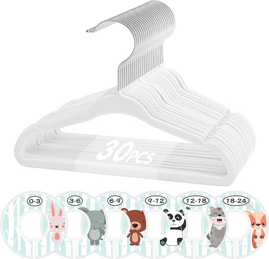 VIS'V Baby Hangers, 11 Inch Velvet Kids Hangers with 6 Pcs Clothes Size Dividers, Infant Toddler Nursery Closet Organization, Non Slip, White, 30 Pcs