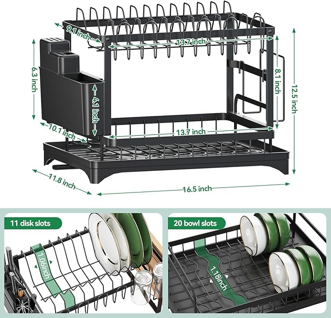 QECOUI 2-Tier Dish Drying Rack with Drainboard, Sink & Countertop Metal Dish Rack Organizer, Dish Drainers for Kitchen Counter, Black