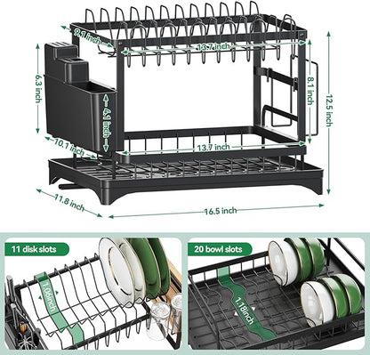 QECOUI 2-Tier Dish Drying Rack with Drainboard, Sink & Countertop Metal Dish Rack Organizer, Dish Drainers for Kitchen Counter, Black