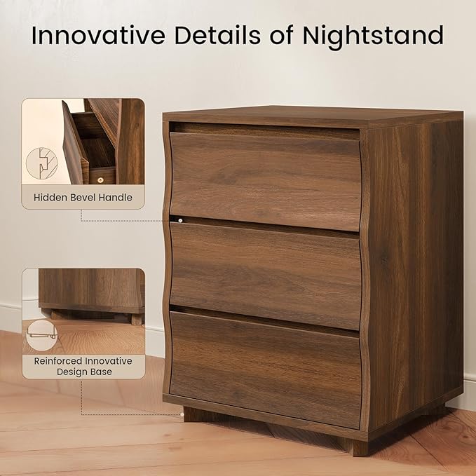 SUCSSRICH Nightstand, Night Stand with 3 Drawers, Modern Nightstand with Large Storage, Silent Slides, Wooden End Side Table, Bedside Table with 3 Drawers for Bedroom (Brown)