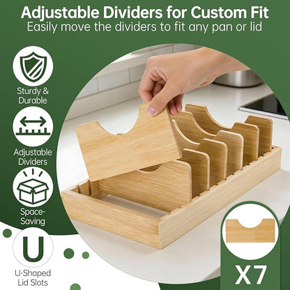 Pan Organizer Compatible with Caraway, Pots and Pans Organizer Under Cabinet, Bamboo Pot Lid Organizers with Adjustable Dividers, U-Shaped Lid Slots, Ideal for Kitchen Countertop and Cabinet Storage